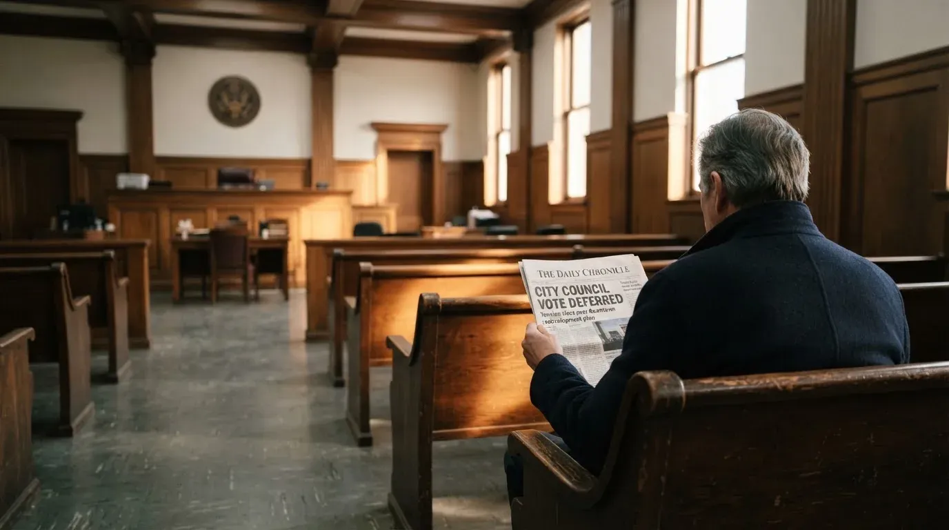 An empty courtroom with wooden benches in morning light