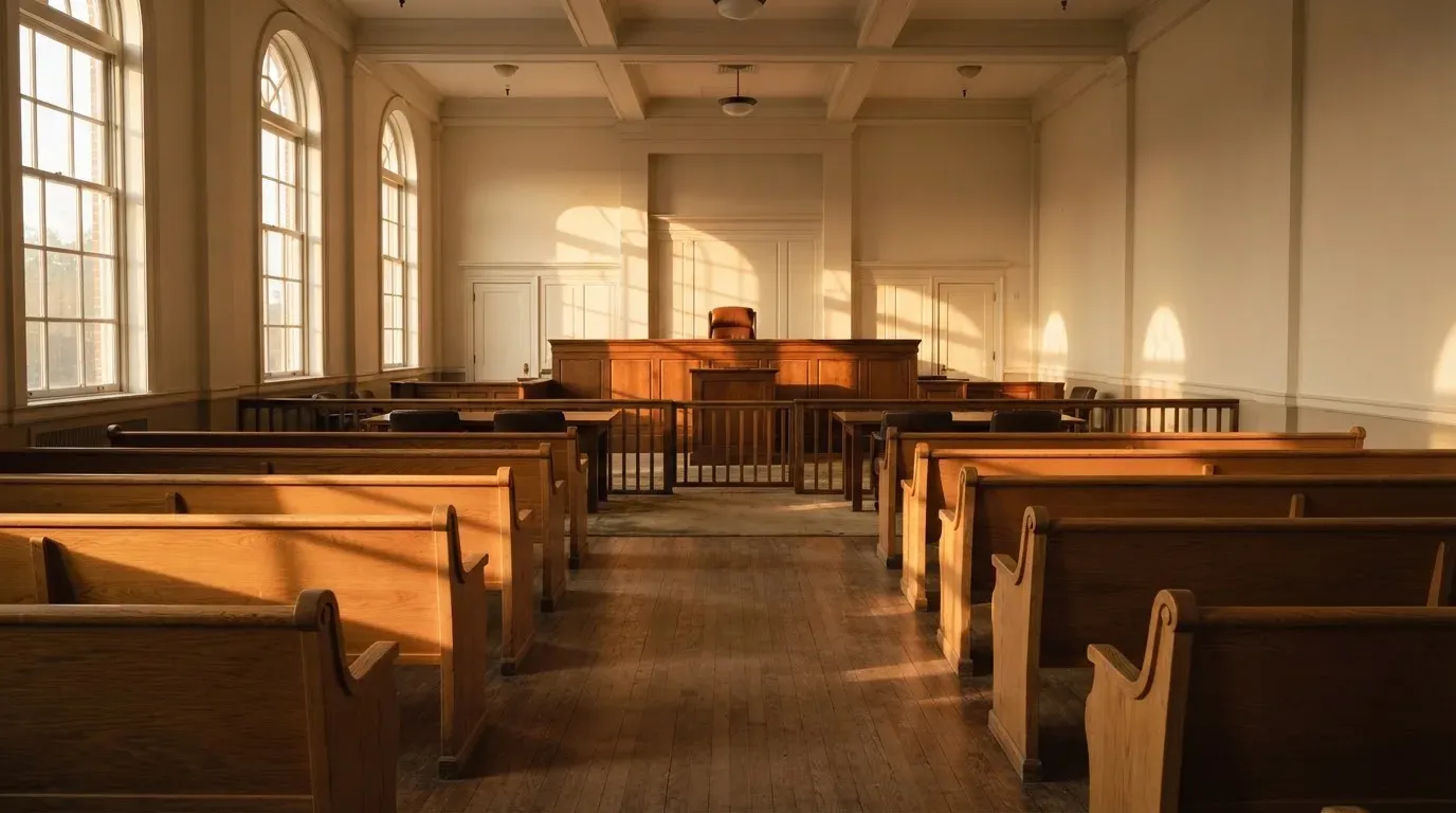 An empty courtroom with wooden benches in morning light
