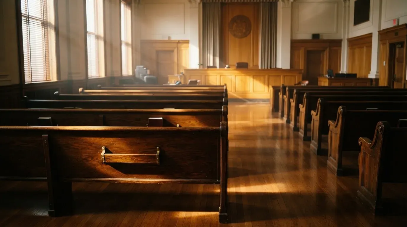 An empty courtroom with wooden benches in morning light