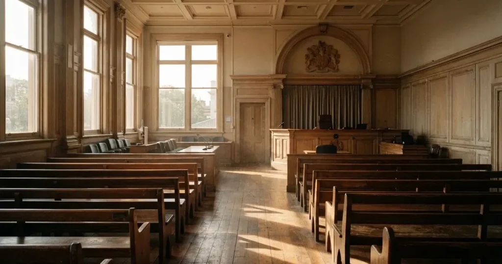 An empty courtroom with wooden benches in morning light