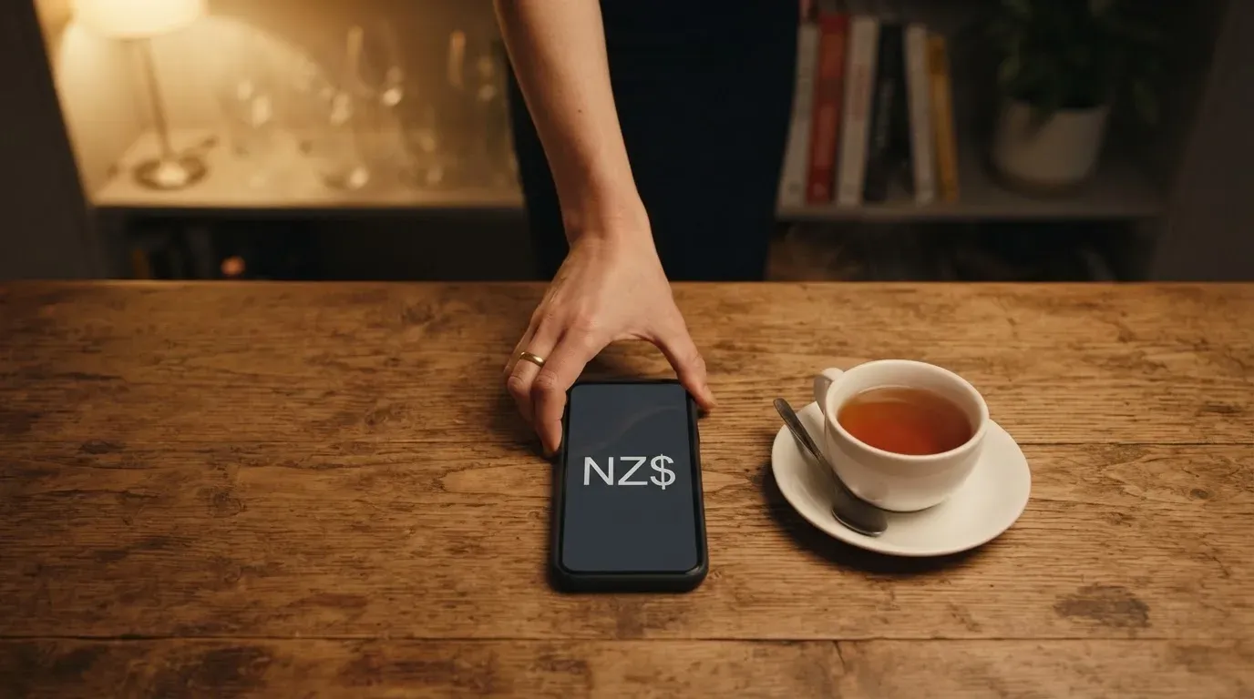 A hand setting a smartphone down beside a cup of tea on a kitchen table on a quiet evening