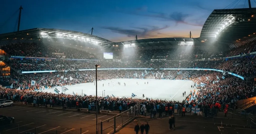 A packed sports hall under floodlights photographed from a long way off