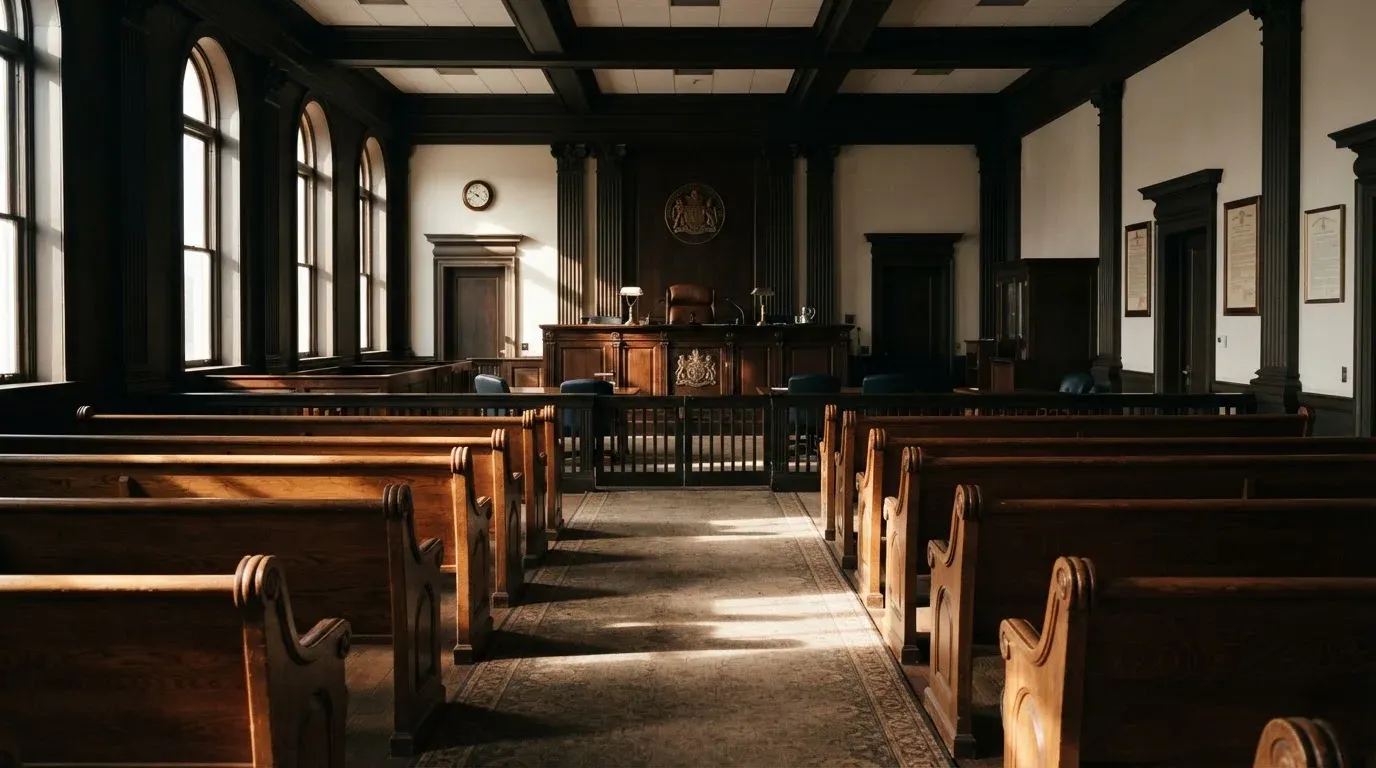 An empty courtroom with wooden benches in morning light