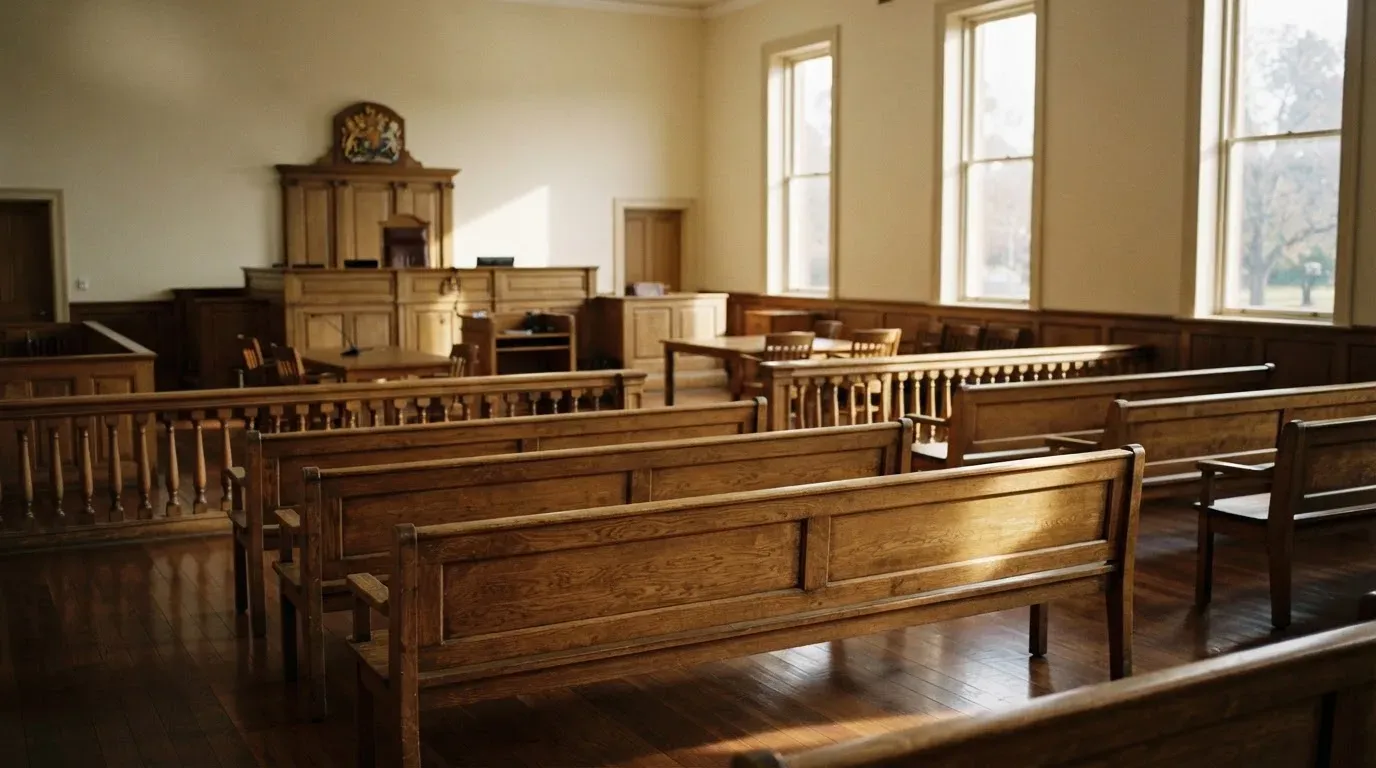 An empty courtroom with wooden benches in morning light