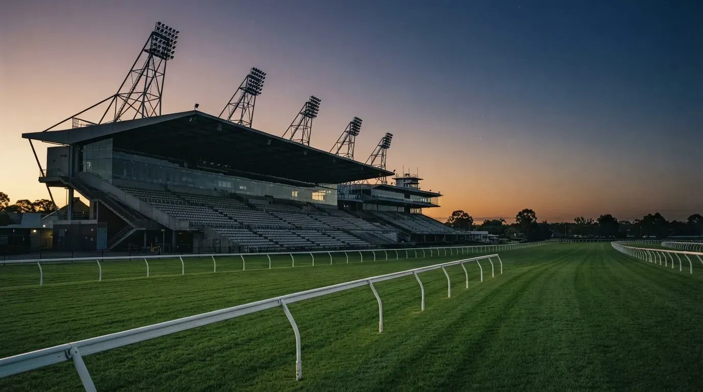 An empty football stadium with floodlight masts at dusk