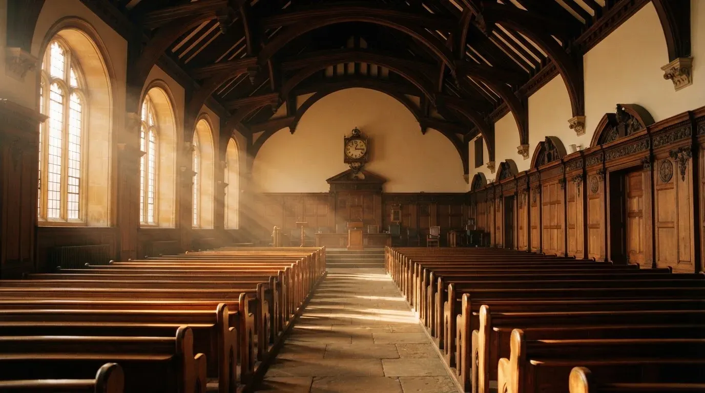An empty courtroom with wooden benches in morning light