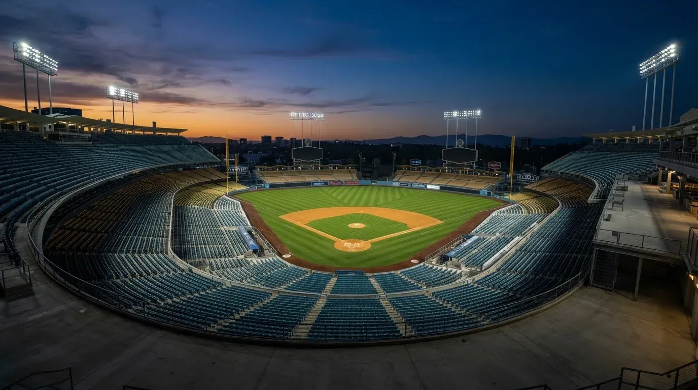 An empty football stadium with floodlight masts at dusk