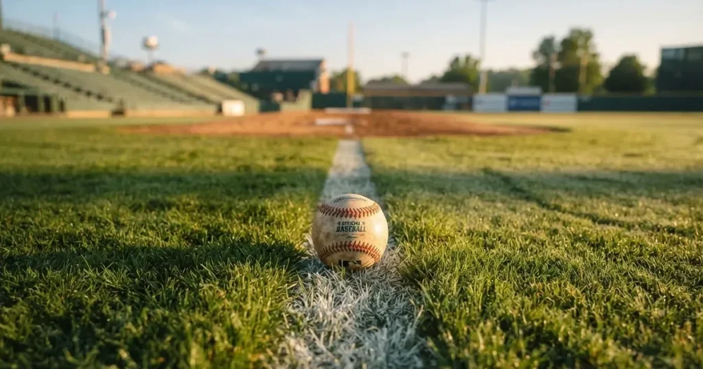 A ball on the centre spot of a grass pitch in morning light