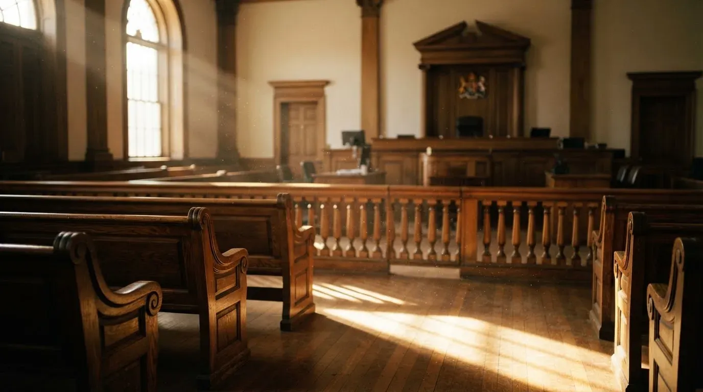 An empty courtroom with wooden benches in morning light