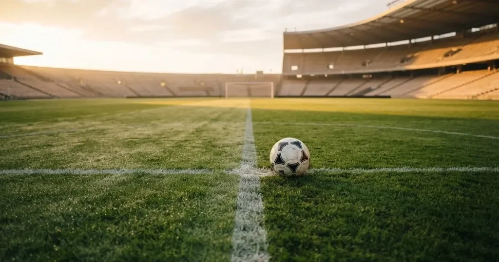 A ball on the centre spot of a grass pitch in morning light