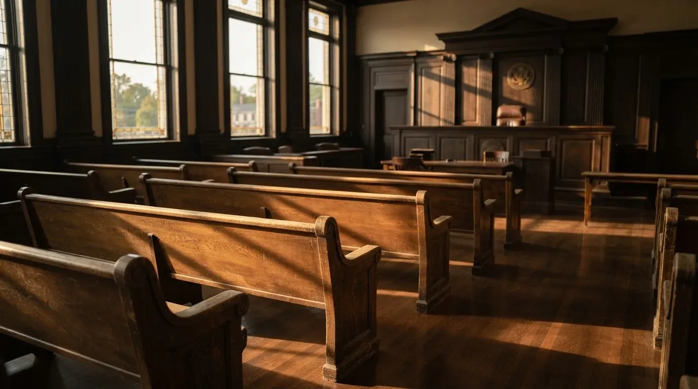 An empty courtroom with wooden benches in morning light