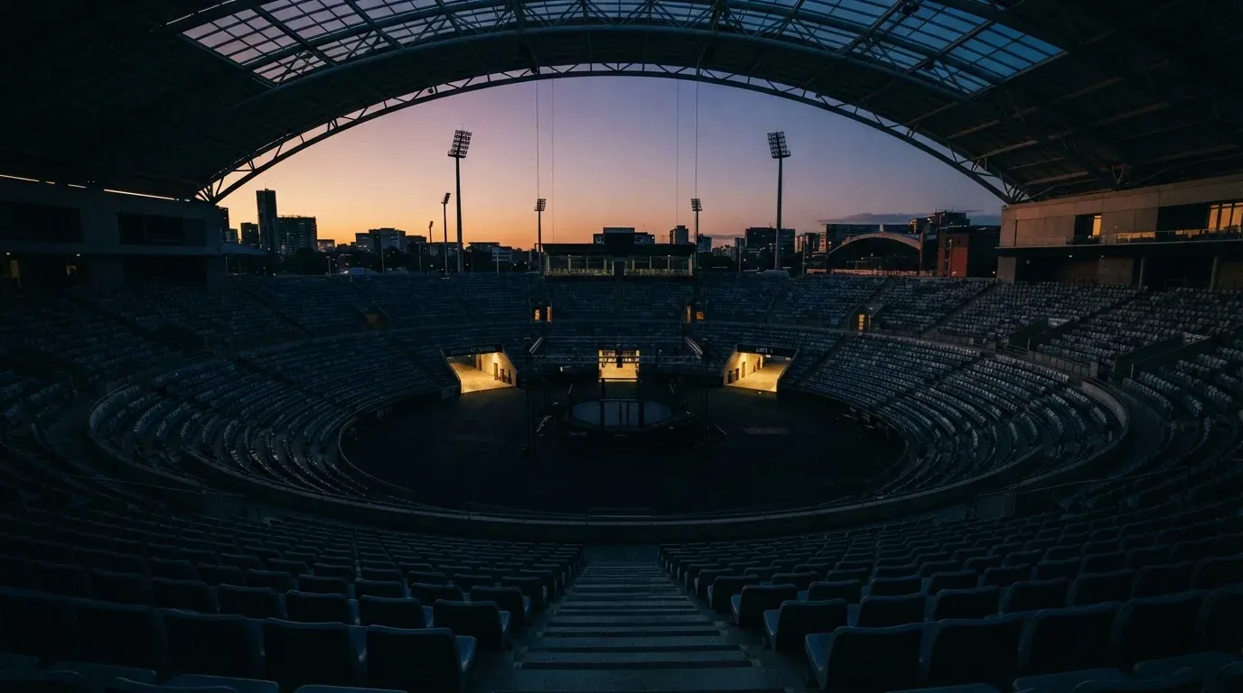An empty football stadium with floodlight masts at dusk