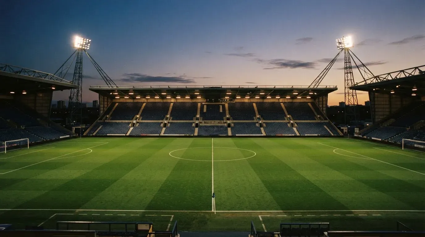An empty football stadium with floodlight masts at dusk