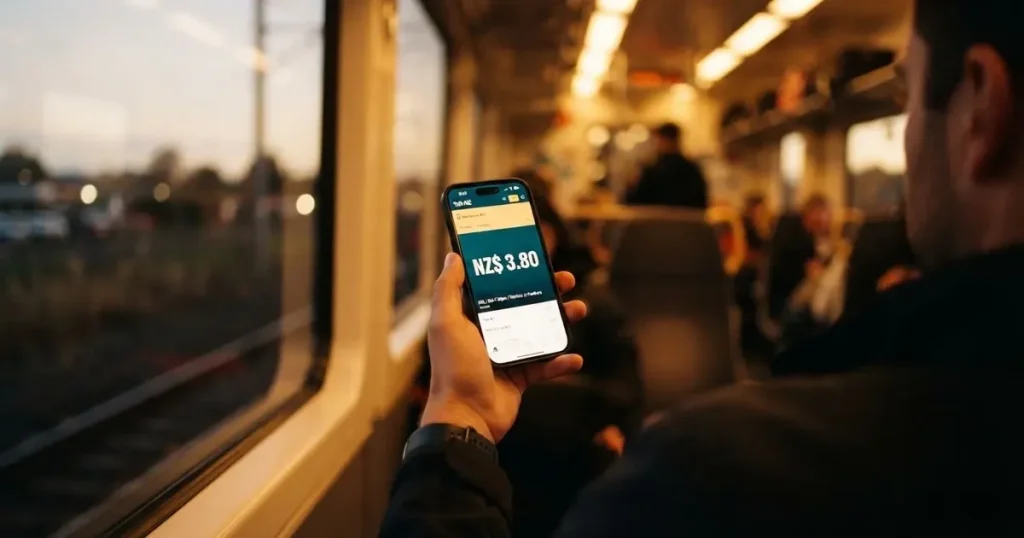 A hand holding a smartphone on a train in the evening, screen turned away