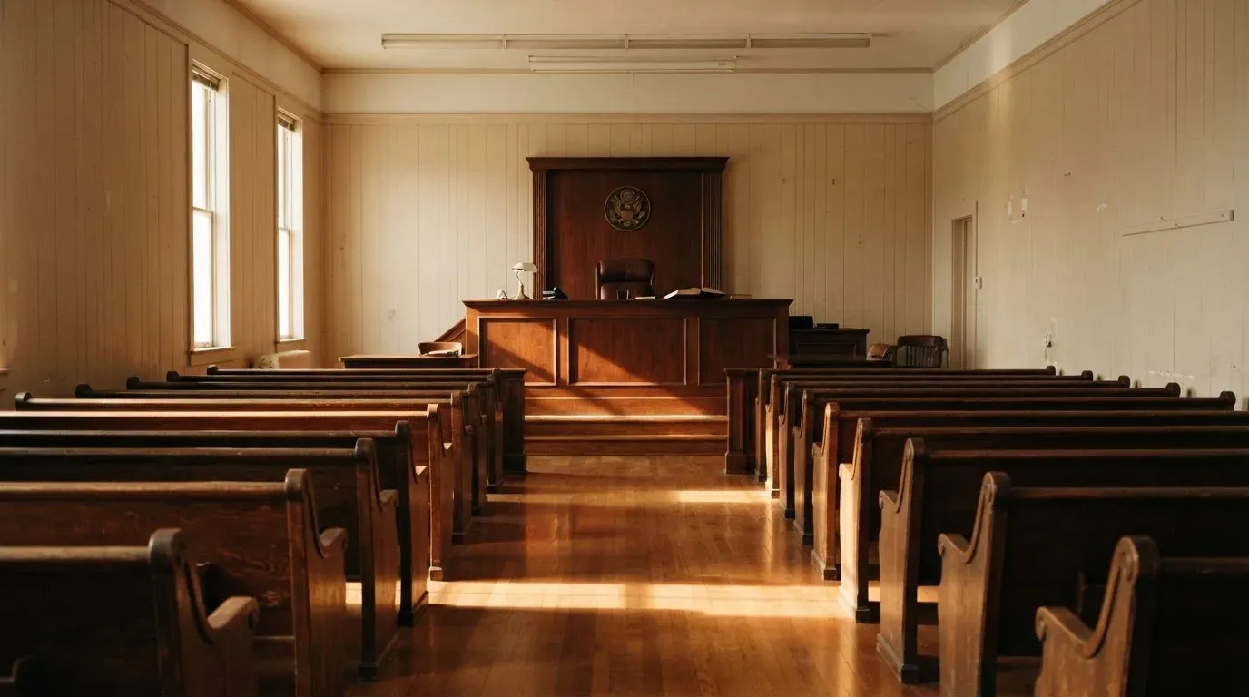 An empty courtroom with wooden benches in morning light