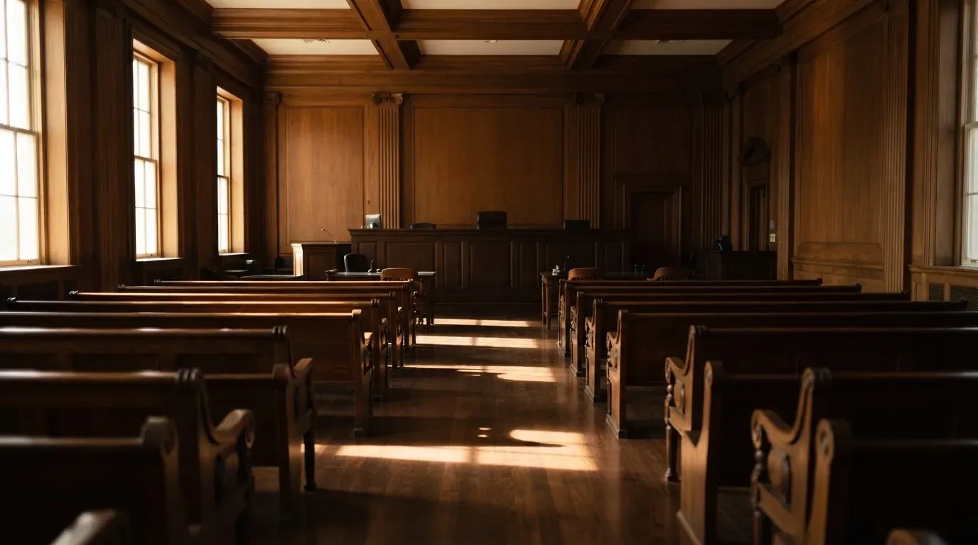An empty courtroom with wooden benches in morning light