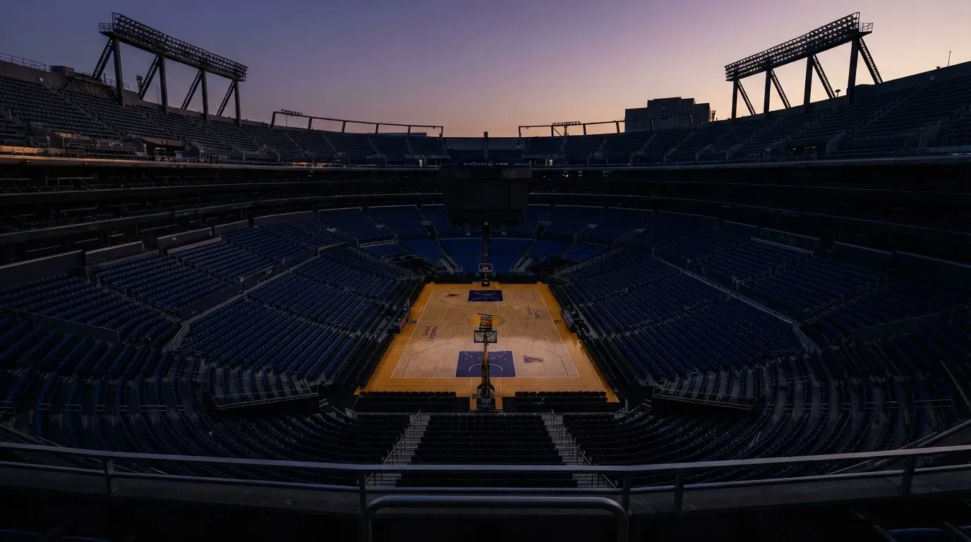 An empty football stadium with floodlight masts at dusk