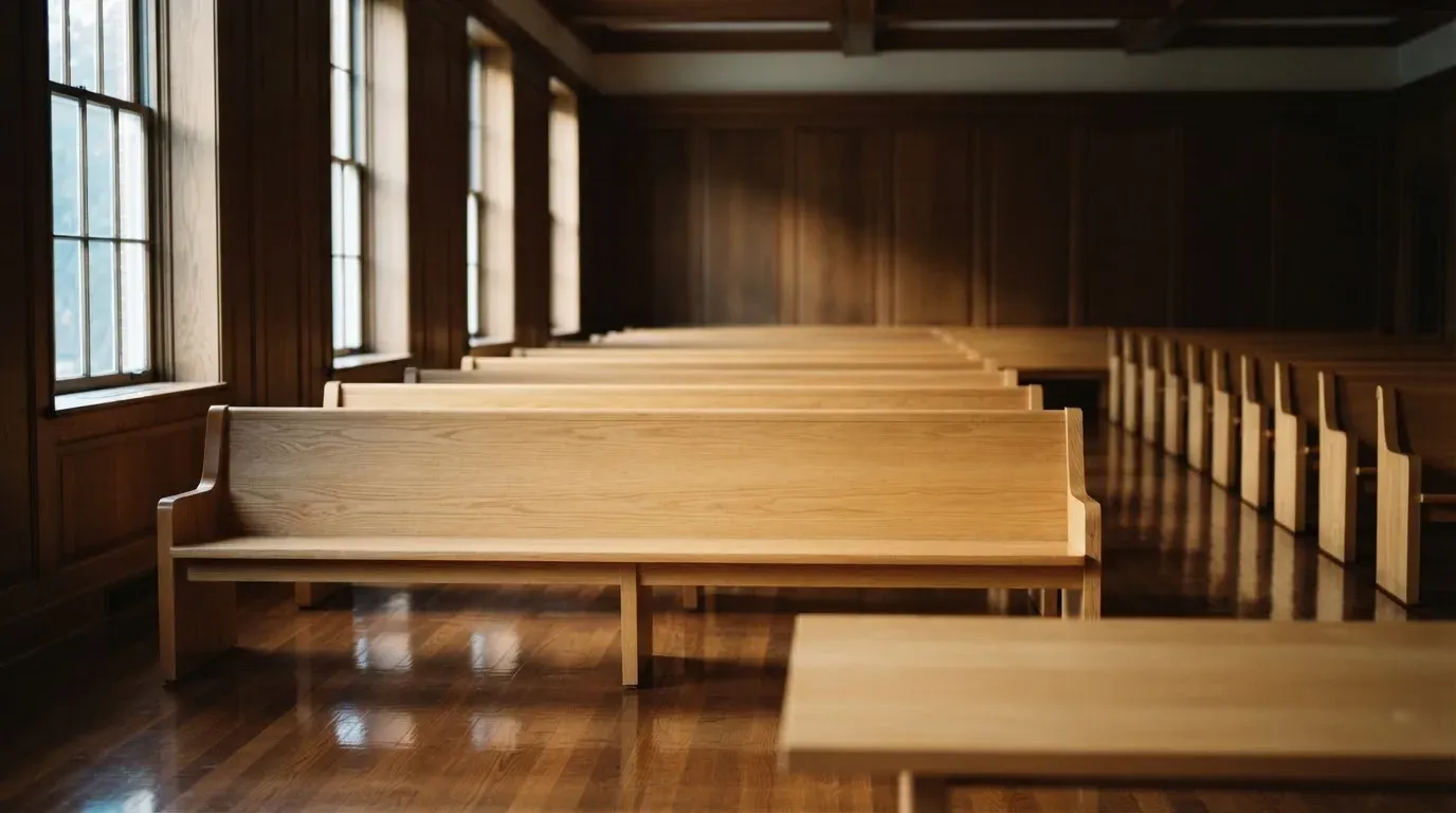 An empty courtroom with wooden benches in morning light