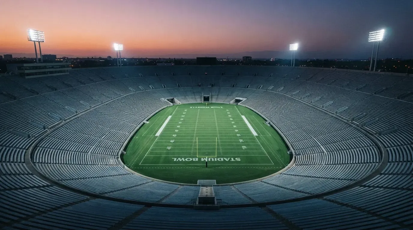 An empty football stadium with floodlight masts at dusk