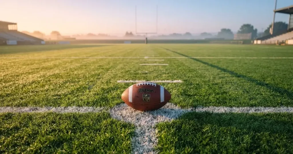 A ball on the centre spot of a grass pitch in morning light