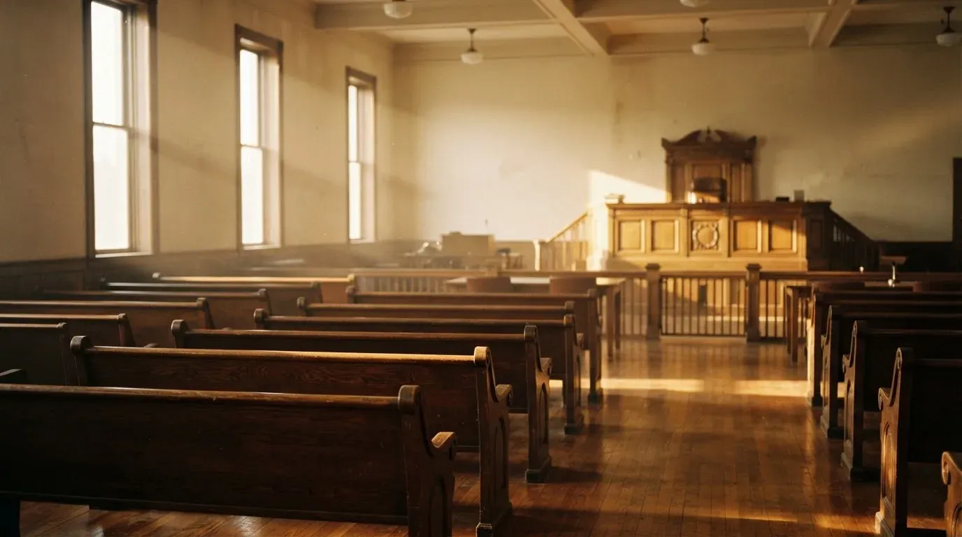 An empty courtroom with wooden benches in morning light