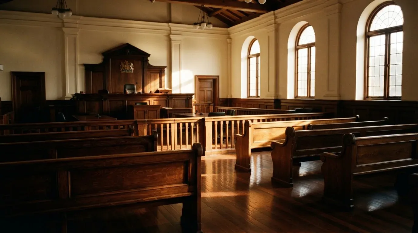 An empty courtroom with wooden benches in morning light