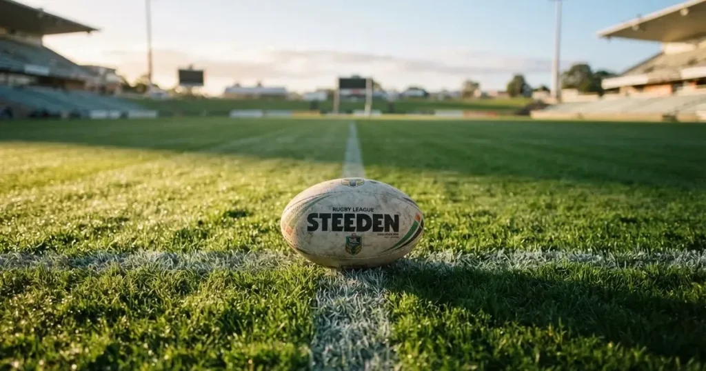 A ball on the centre spot of a grass pitch in morning light