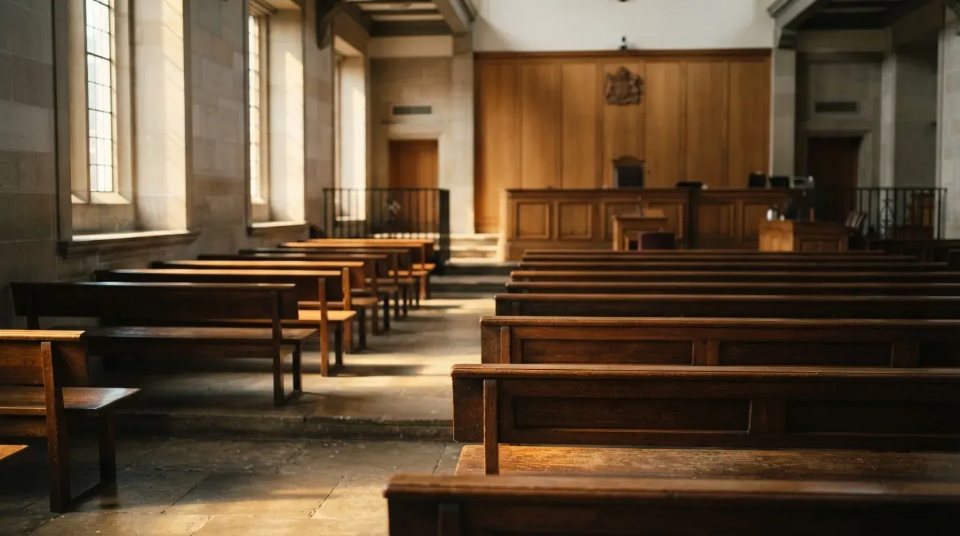 An empty courtroom with wooden benches in morning light