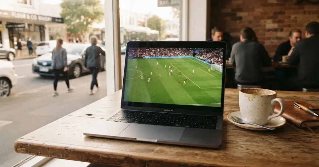 A laptop on a café table by a window onto the street
