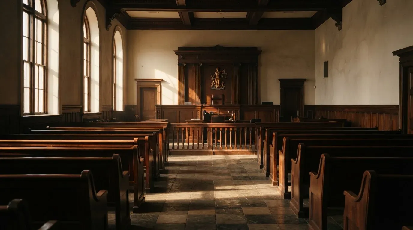 An empty courtroom with wooden benches in morning light
