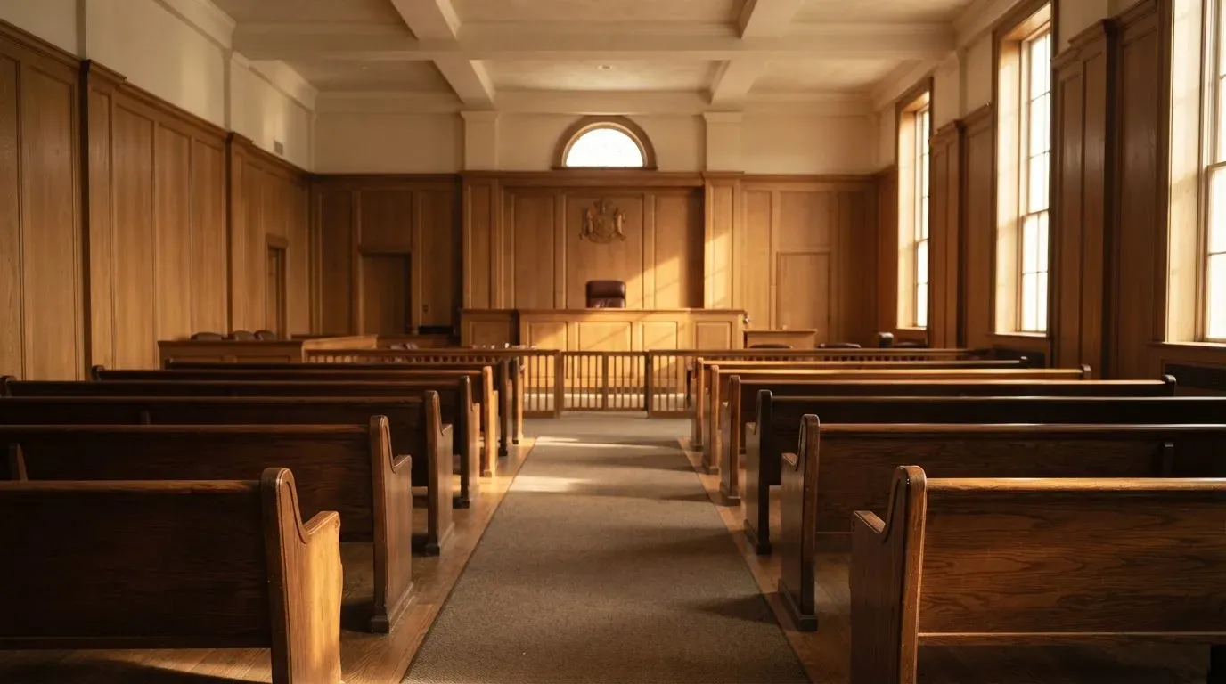 An empty courtroom with wooden benches in morning light