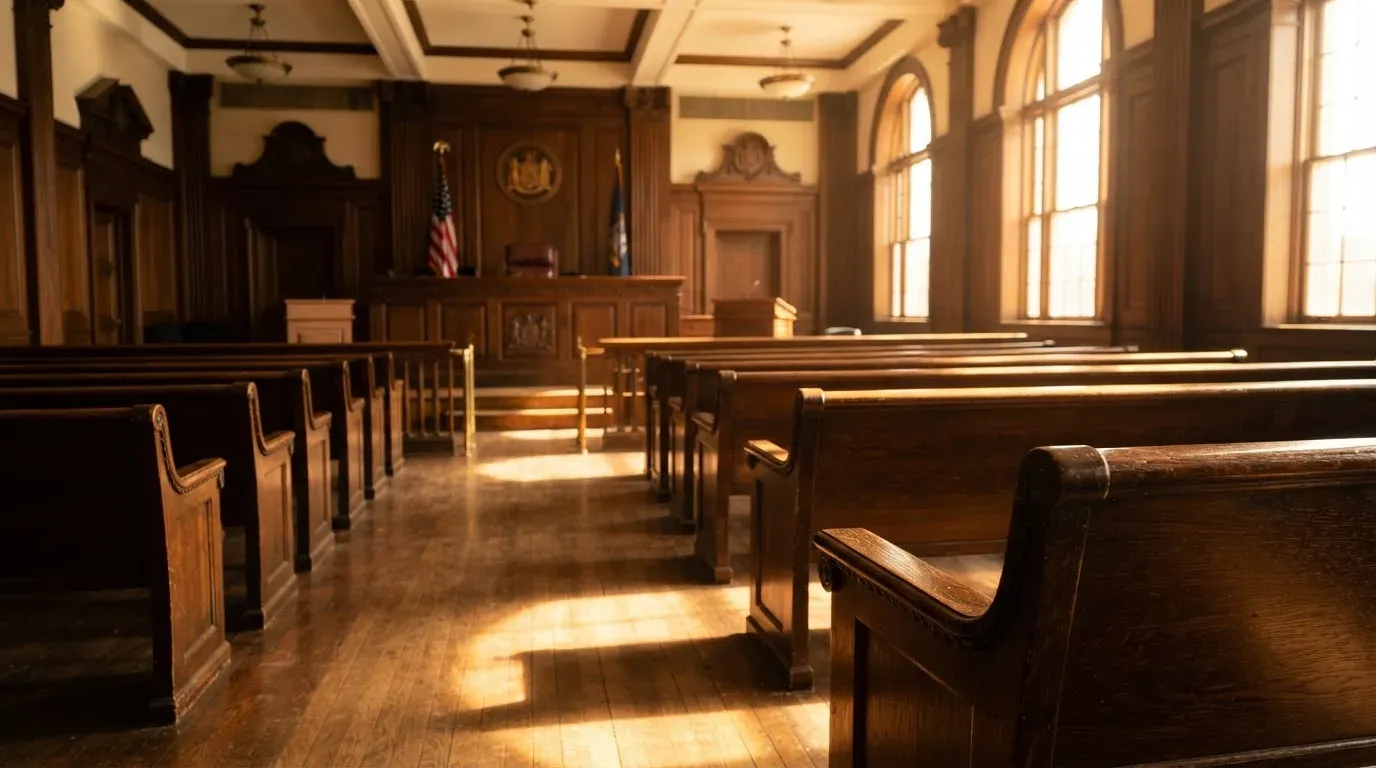 An empty courtroom with wooden benches in morning light