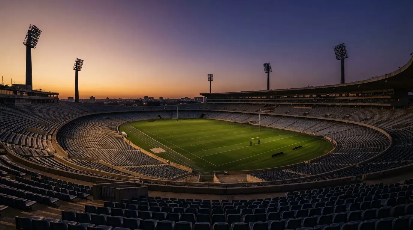 An empty football stadium with floodlight masts at dusk