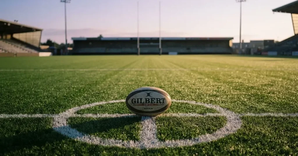 A ball on the centre spot of a grass pitch in morning light