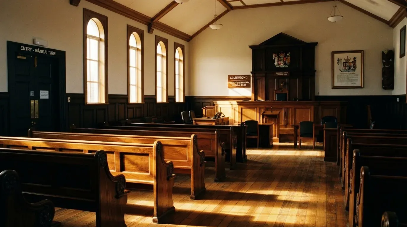 An empty courtroom with wooden benches in morning light