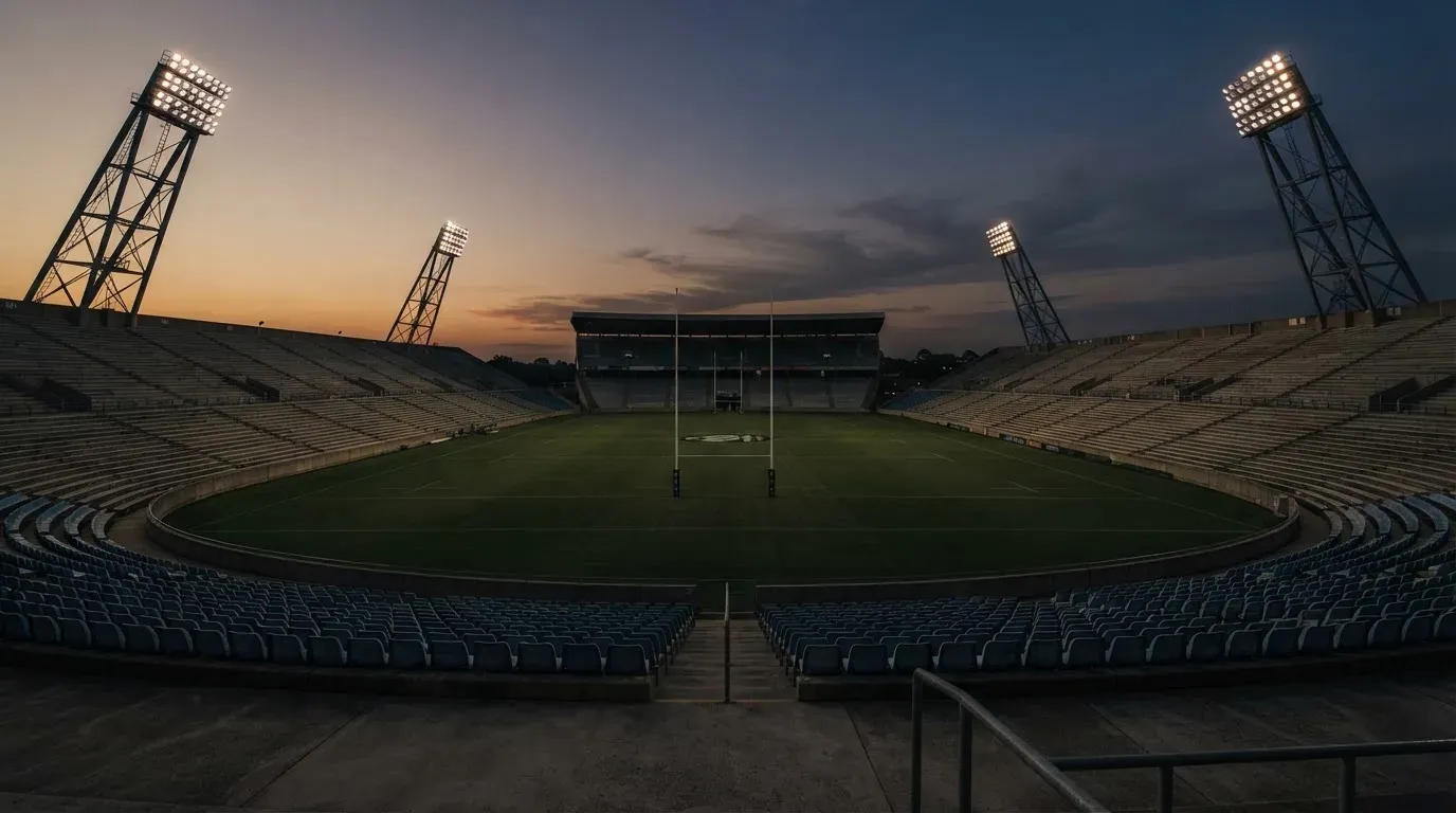An empty football stadium with floodlight masts at dusk