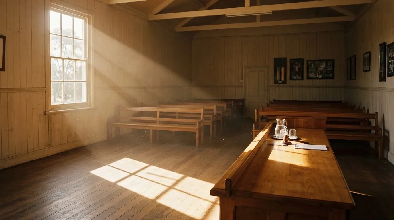 An empty courtroom with wooden benches in morning light