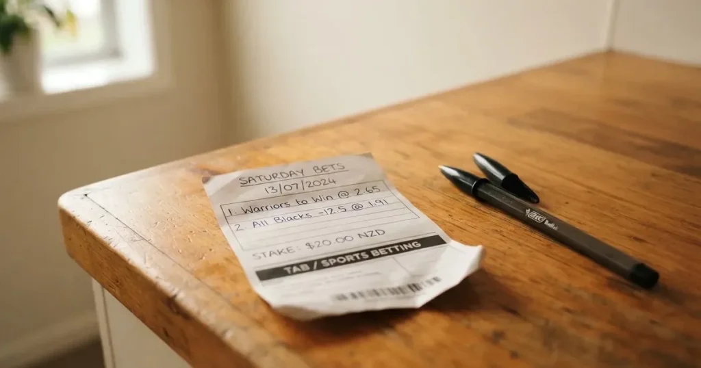A blank paper betting slip beside a pen on a wooden counter