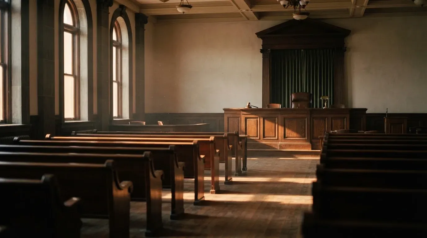 An empty courtroom with wooden benches in morning light