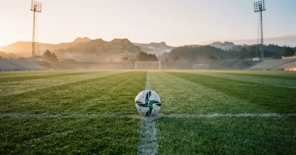 A ball on the centre spot of a grass pitch in morning light