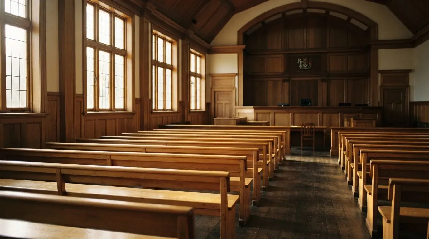An empty courtroom with wooden benches in morning light