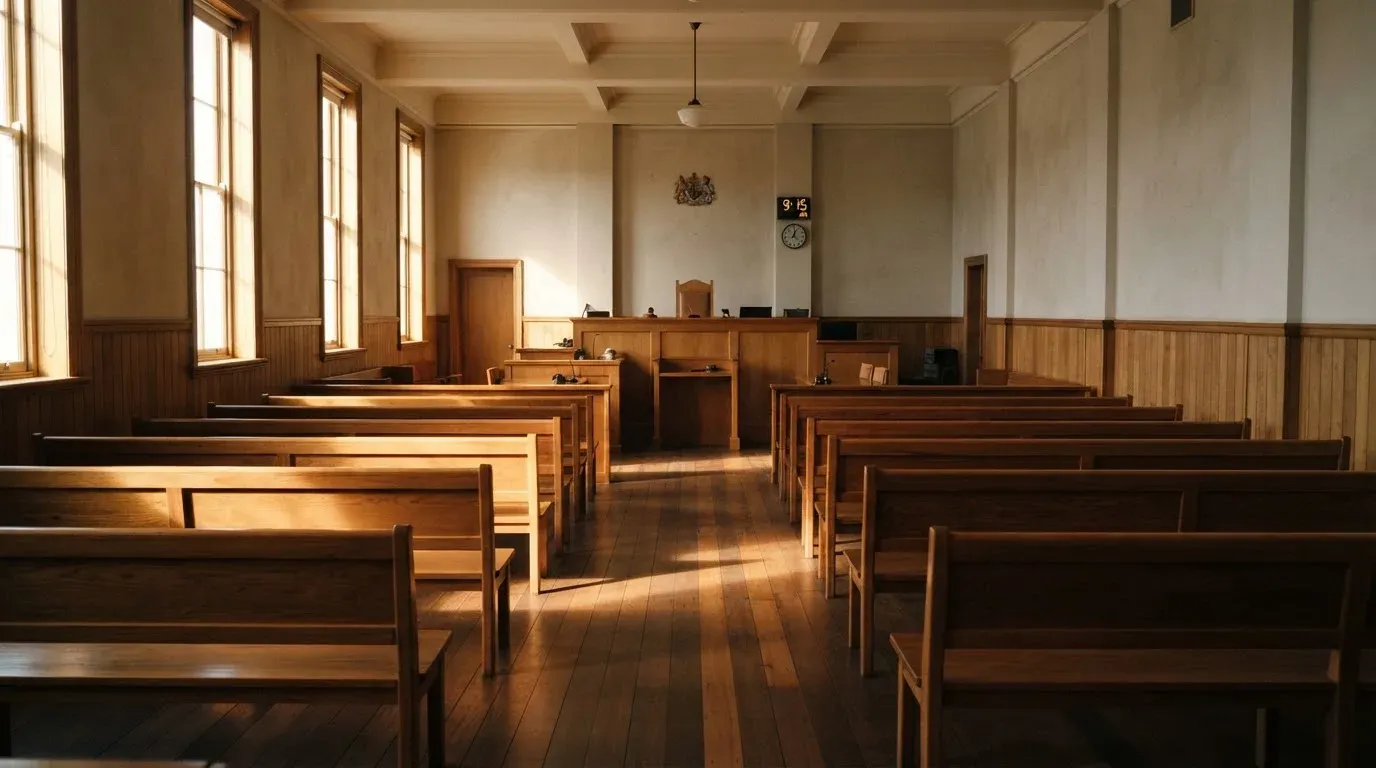 An empty courtroom with wooden benches in morning light