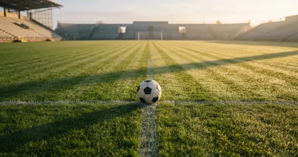 A ball on the centre spot of a grass pitch in morning light
