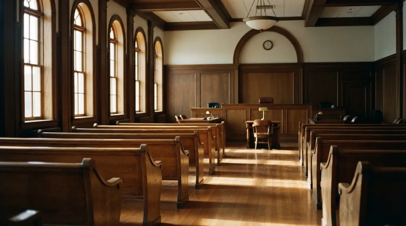 An empty courtroom with wooden benches in morning light