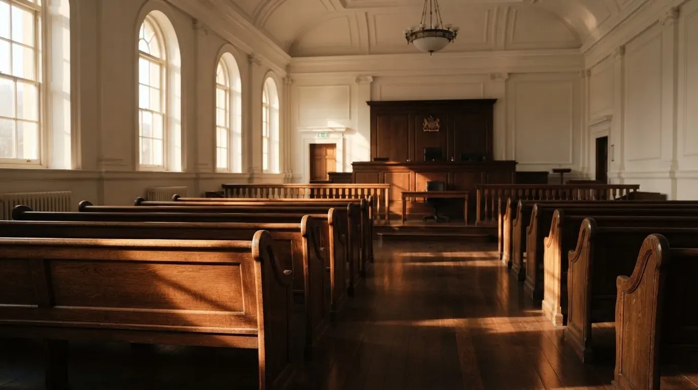 An empty courtroom with wooden benches in morning light