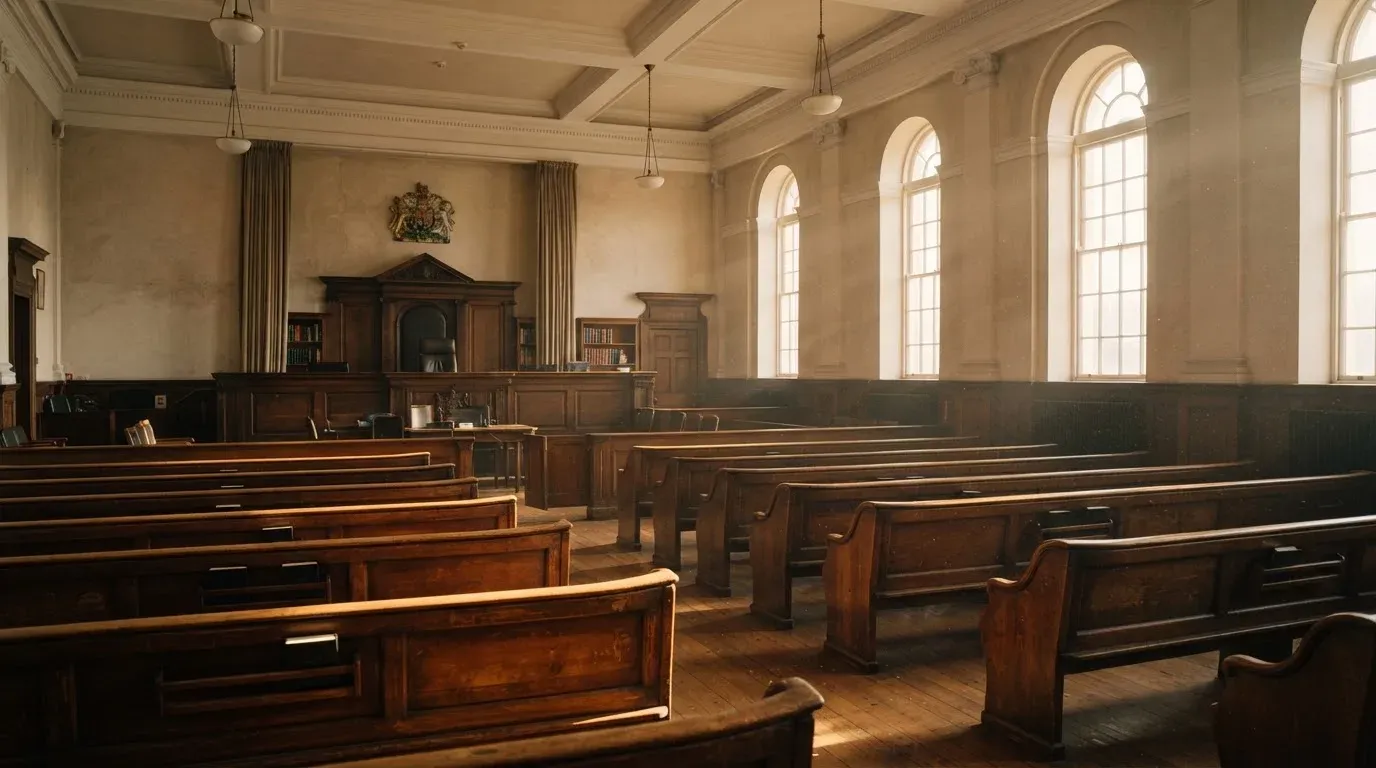 An empty courtroom with wooden benches in morning light