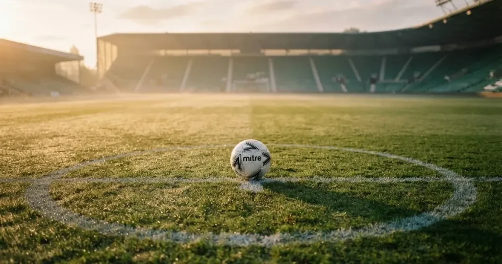 A ball on the centre spot of a grass pitch in morning light