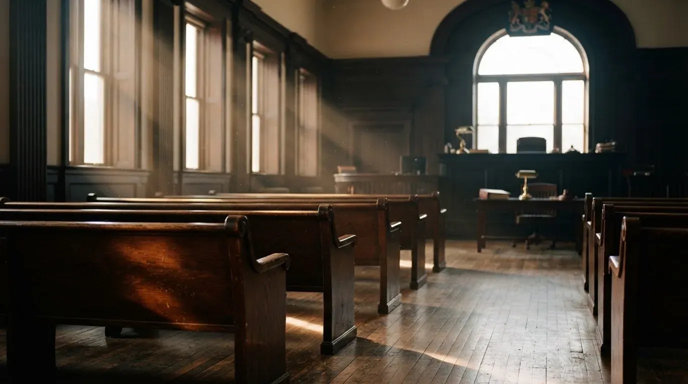 An empty courtroom with wooden benches in morning light