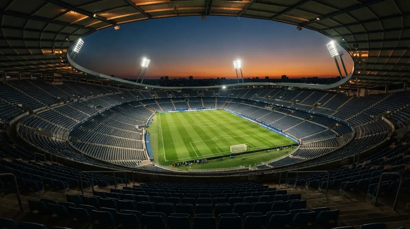 An empty football stadium with floodlight masts at dusk
