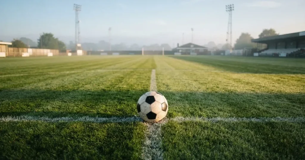 A ball on the centre spot of a grass pitch in morning light